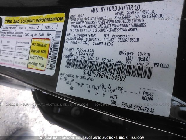 3FA6P0K98FR164502 - 2015 FORD FUSION TITANIUM BLACK photo 9