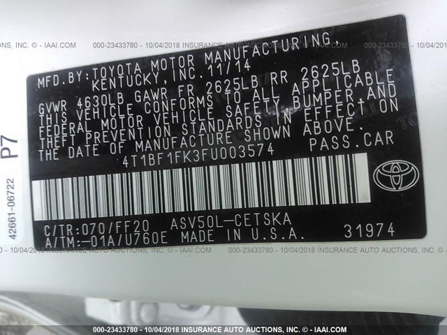 4T1BF1FK3FU003574 - 2015 TOYOTA CAMRY LE/XLE/SE/XSE WHITE photo 9