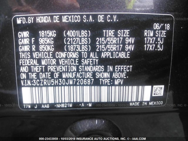 3CZRU5H30JM720687 - 2018 HONDA HR-V LX BLACK photo 9