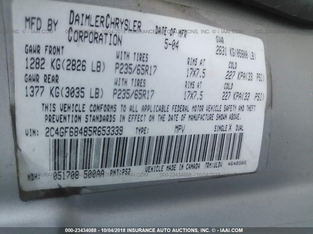 2C4GF68485R653339 - 2005 CHRYSLER PACIFICA TOURING SILVER photo 9