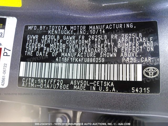 4T1BF1FK4FU886259 - 2015 TOYOTA CAMRY LE/XLE/SE/XSE GRAY photo 9