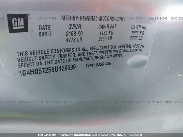 1G4HD57258U129699 - 2008 BUICK LUCERNE CXL SILVER photo 9