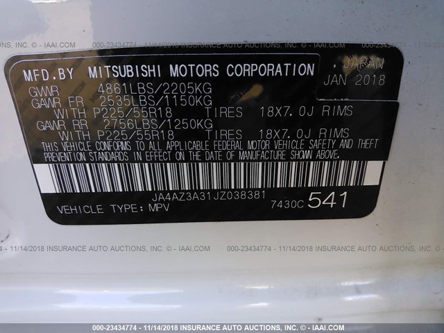 JA4AZ3A31JZ038381 - 2018 MITSUBISHI OUTLANDER SE/SEL WHITE photo 9