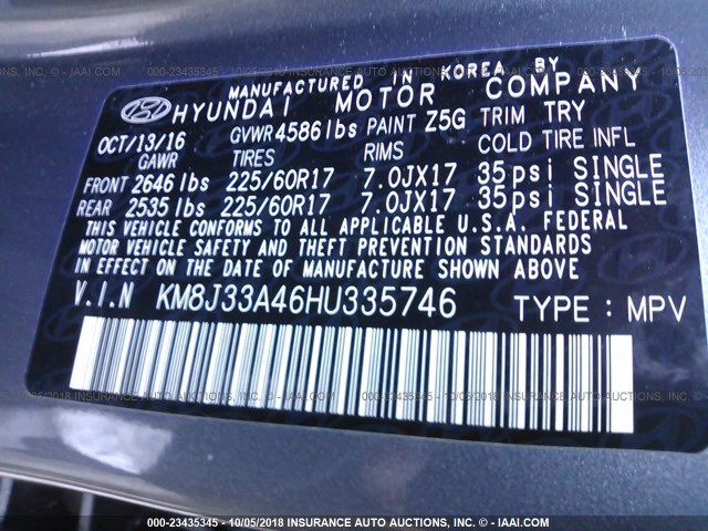 KM8J33A46HU335746 - 2017 HYUNDAI TUCSON LIMITED/SPORT AND ECO/SE GRAY photo 9