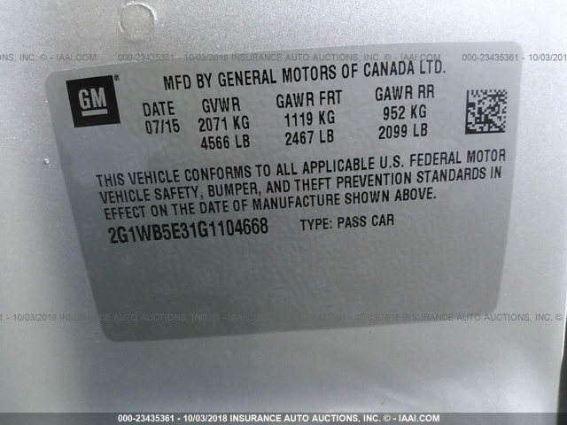 2G1WB5E31G1104668 - 2016 CHEVROLET IMPALA LIMITED LT SILVER photo 9