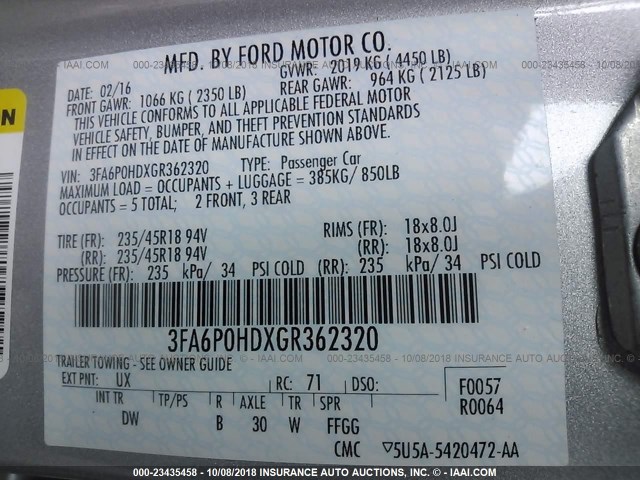 3FA6P0HDXGR362320 - 2016 FORD FUSION SE SILVER photo 9