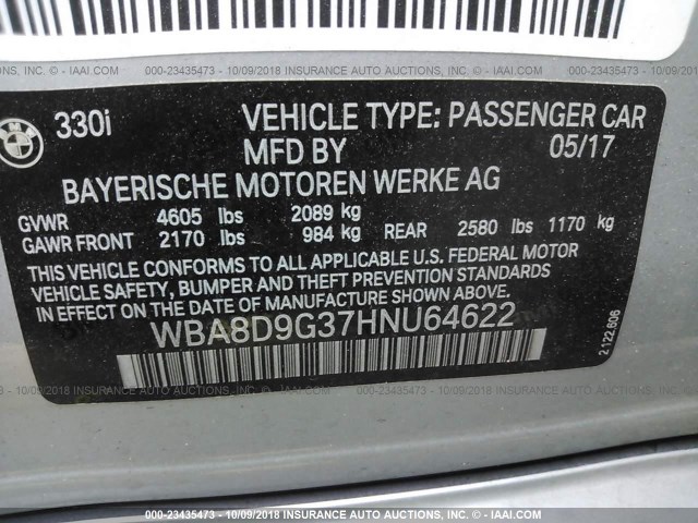 WBA8D9G37HNU64622 - 2017 BMW 330 XI SILVER photo 9