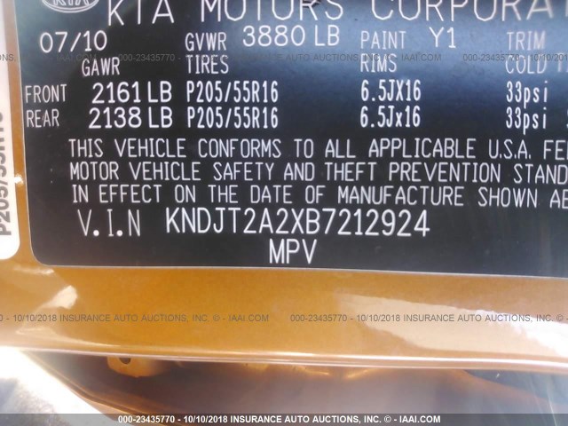 KNDJT2A2XB7212924 - 2011 KIA SOUL +/!/SPORT ORANGE photo 9