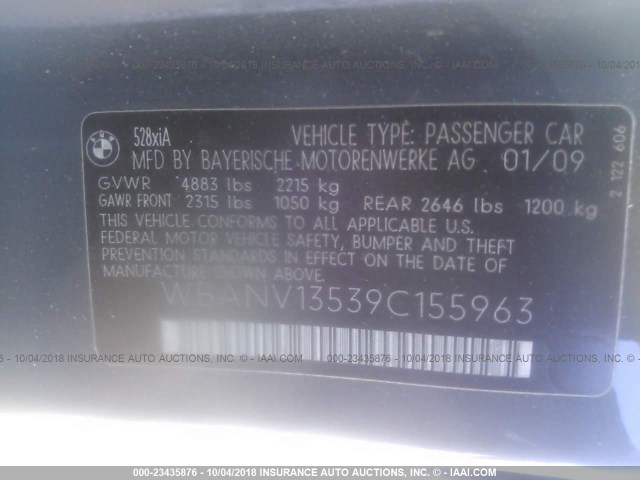 WBANV13539C155963 - 2009 BMW 528 XI GRAY photo 9