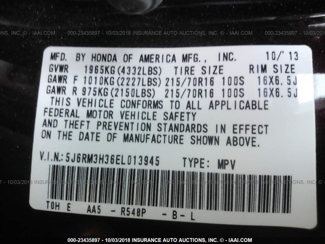 5J6RM3H36EL013945 - 2014 HONDA CR-V LX BURGUNDY photo 9