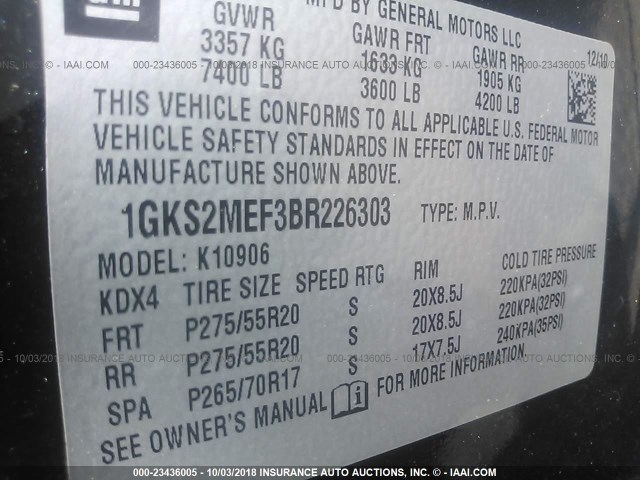 1GKS2MEF3BR226303 - 2011 GMC YUKON XL DENALI BLACK photo 9