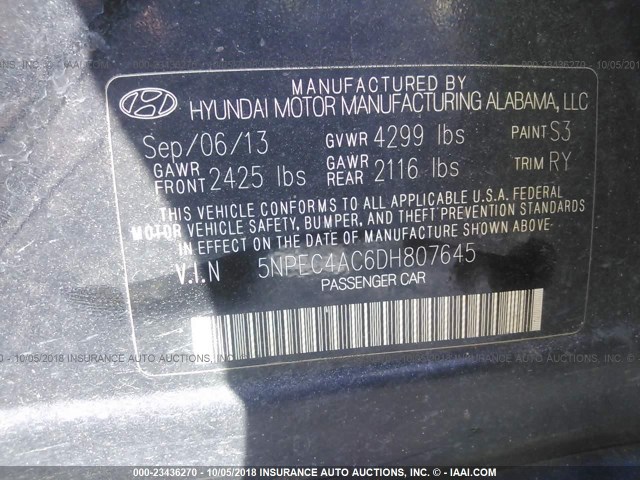 5NPEC4AC6DH807645 - 2013 HYUNDAI SONATA SE/LIMITED BLACK photo 9