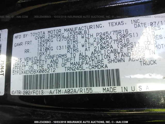 5TFUX4EN5BX008212 - 2011 TOYOTA TACOMA ACCESS CAB შავი ფოტო 8