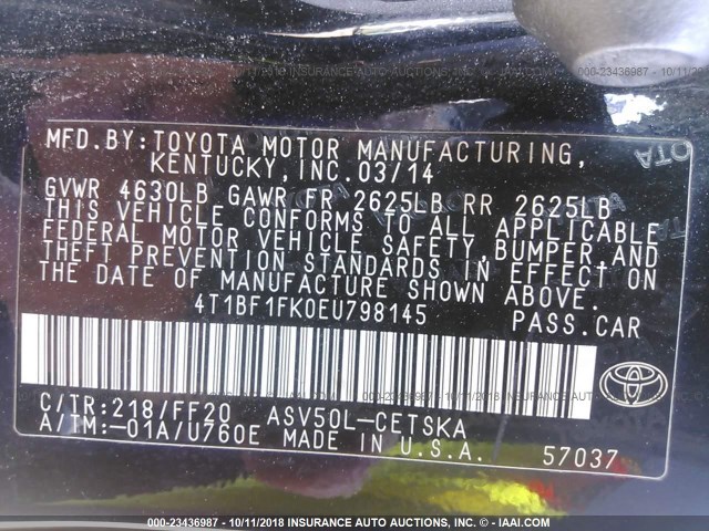 4T1BF1FK0EU798145 - 2014 TOYOTA CAMRY L/SE/LE/XLE 黑色 照片 9