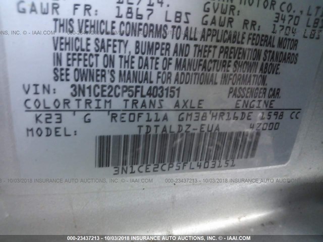 3N1CE2CP5FL403151 - 2015 NISSAN VERSA NOTE S/S PLUS/SV/SL/SR SILVER photo 9