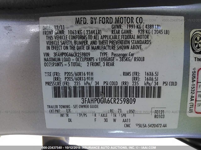 3FAHP0GA6CR259809 - 2012 FORD FUSION S SILVER photo 9