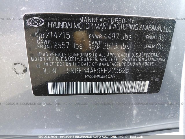 5NPE34AF9FH223625 - 2015 HYUNDAI SONATA SPORT/LIMITED SILVER photo 9