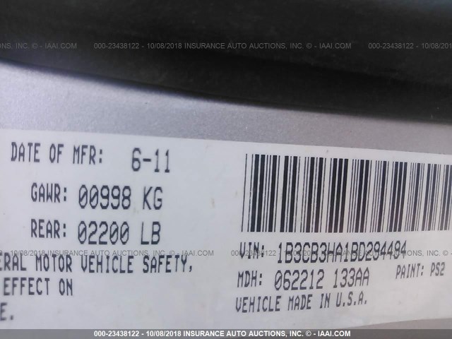 1B3CB3HA1BD294494 - 2011 DODGE CALIBER MAINSTREET SILVER photo 9