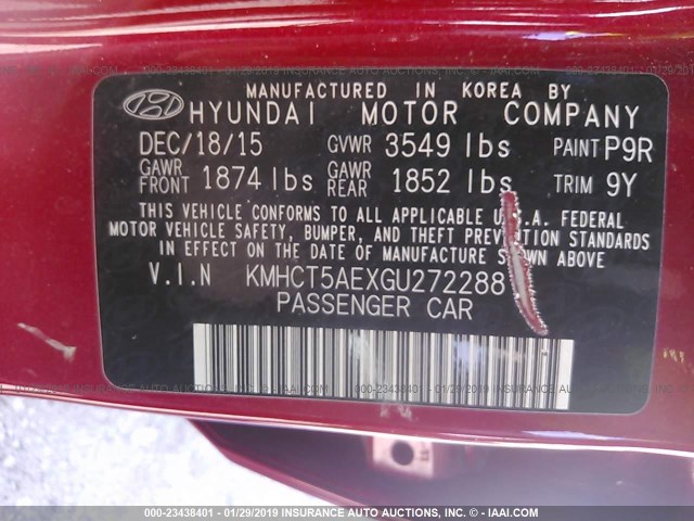 KMHCT5AEXGU272288 - 2016 HYUNDAI ACCENT SE RED photo 9