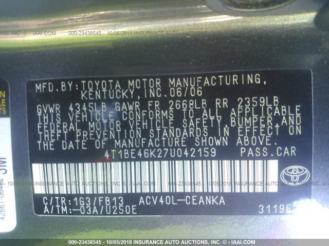 4T1BE46K27U042159 - 2007 TOYOTA CAMRY NEW GENERAT CE/LE/XLE/SE GRAY photo 9