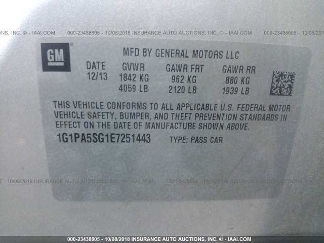 1G1PA5SG1E7251443 - 2014 CHEVROLET CRUZE LS SILVER photo 9