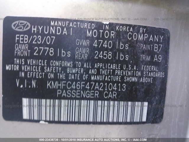 KMHFC46F47A210413 - 2007 HYUNDAI AZERA SE/LIMITED TAN photo 9