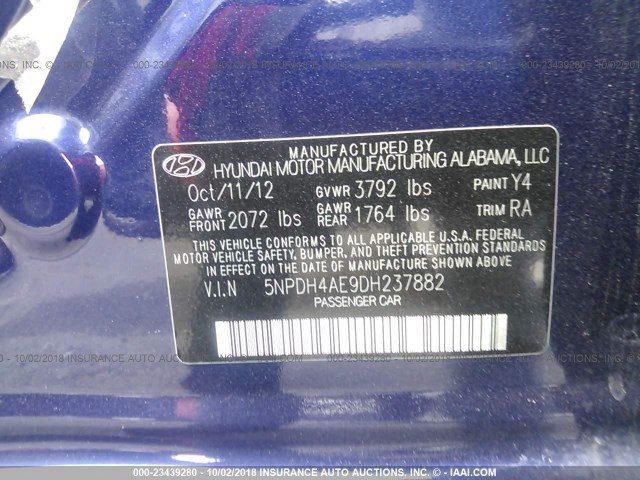 5NPDH4AE9DH237882 - 2013 HYUNDAI ELANTRA GLS/LIMITED BLUE photo 9