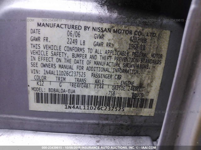 1N4AL11D26C237525 - 2006 NISSAN ALTIMA S/SL SILVER photo 9