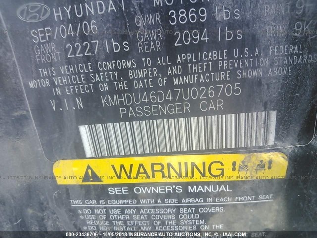 KMHDU46D47U026705 - 2007 HYUNDAI ELANTRA GLS/SE/LIMITED BLACK photo 9