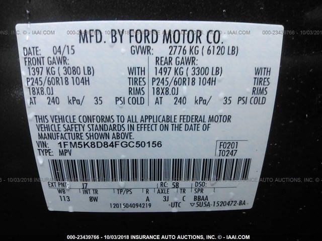 1FM5K8D84FGC50156 - 2015 FORD EXPLORER XLT BLACK photo 9