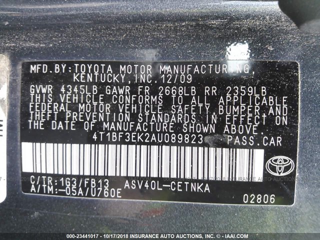 4T1BF3EK2AU089823 - 2010 TOYOTA CAMRY SE/LE/XLE ნაცრისფერი ფოტო 9