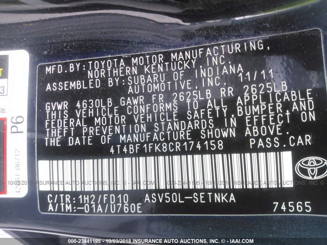 4T4BF1FK8CR174158 - 2012 TOYOTA CAMRY SE/LE/XLE 深蓝色 照片 9