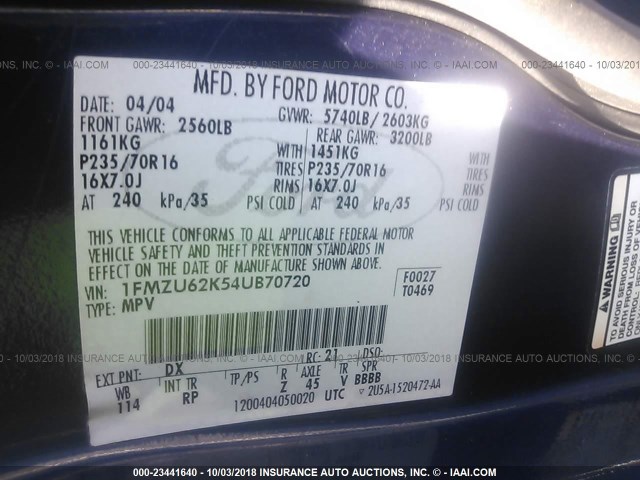 1FMZU62K54UB70720 - 2004 FORD EXPLORER XLS/XLS SPORT BLUE photo 9