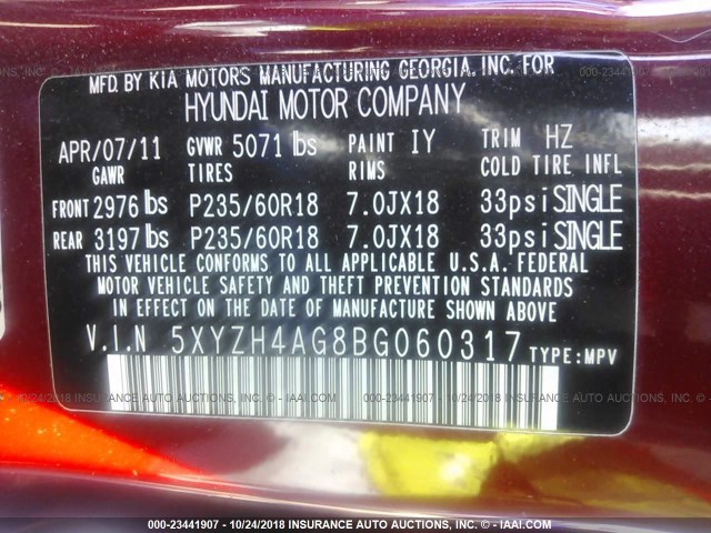 5XYZH4AG8BG060317 - 2011 HYUNDAI SANTA FE SE RED photo 9