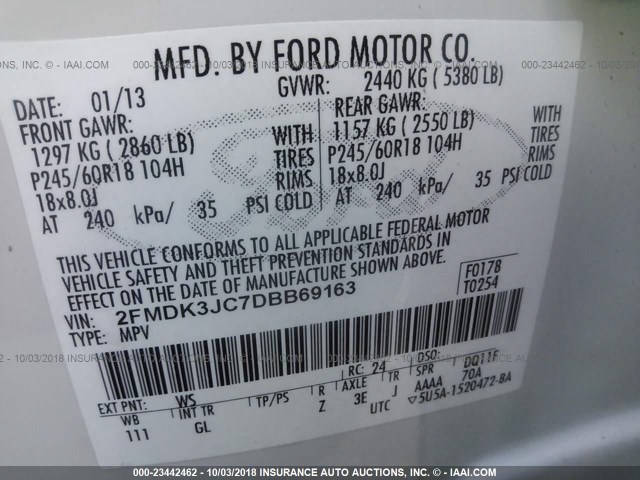 2FMDK3JC7DBB69163 - 2013 FORD EDGE SEL WHITE photo 9