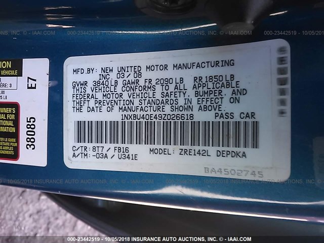 1NXBU40E49Z026618 - 2009 TOYOTA COROLLA S/LE/XLE BLUE photo 9