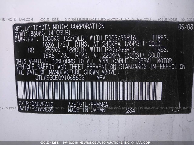 JTLKE50E091068622 - 2009 TOYOTA SCION XB Ақ фото 9