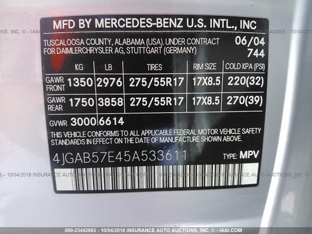 4JGAB57E45A533611 - 2005 MERCEDES-BENZ ML 350 SILVER photo 9