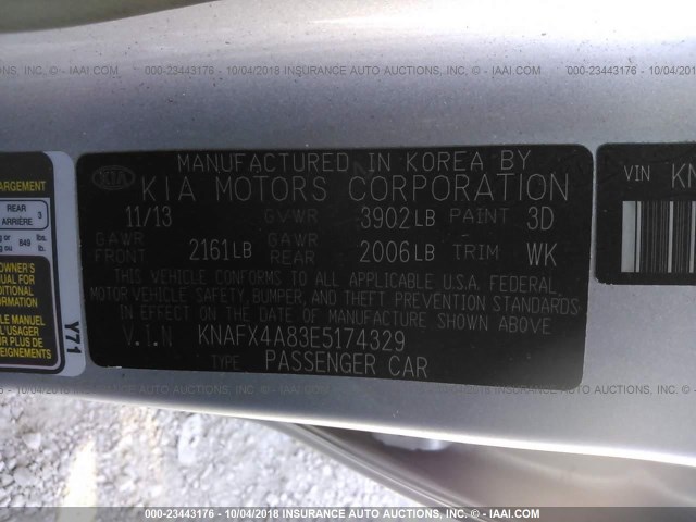 KNAFX4A83E5174329 - 2014 KIA FORTE EX SILVER photo 9