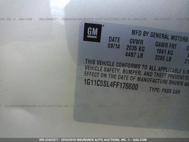 1G11C5SL4FF176600 - 2015 CHEVROLET MALIBU 1LT 金色 照片 9