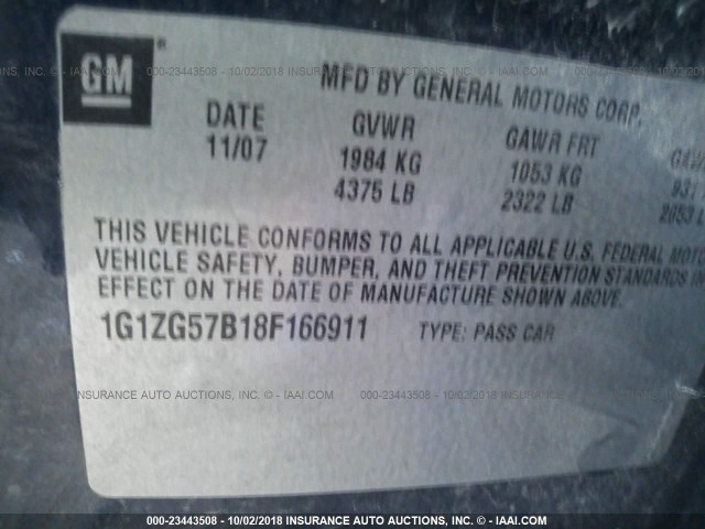 1G1ZG57B18F166911 - 2008 CHEVROLET MALIBU LS 蓝色 照片 9