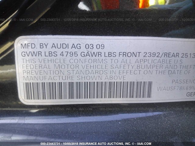 WAUSF78K69N066989 - 2009 AUDI A4 PREMIUM PLUS BLACK photo 9