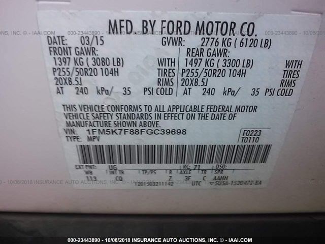 1FM5K7F88FGC39698 - 2015 FORD EXPLORER LIMITED WHITE photo 9