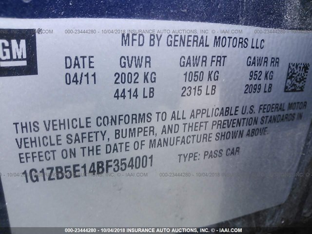 1G1ZB5E14BF354001 - 2011 CHEVROLET MALIBU LS 蓝色 照片 9