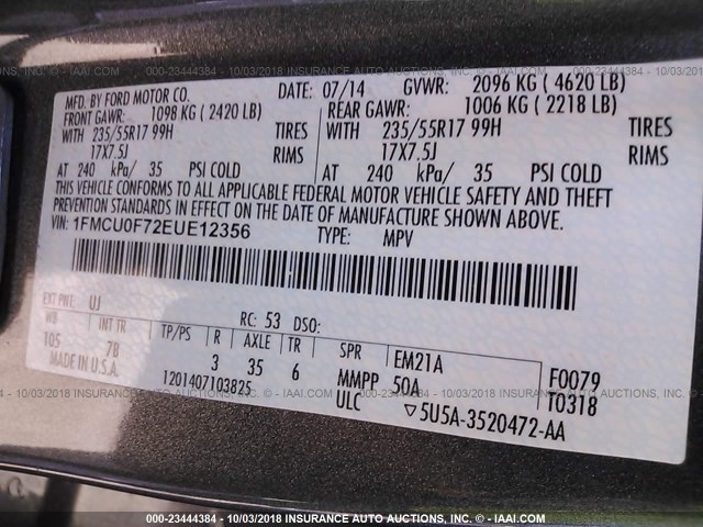 1FMCU0F72EUE12356 - 2014 FORD ESCAPE S GRAY photo 9