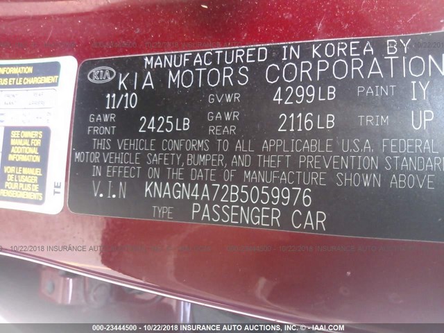 KNAGN4A72B5059976 - 2011 KIA OPTIMA EX/SX RED photo 9