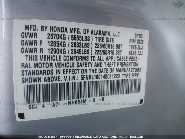 5FNRL18014B011220 - 2004 HONDA ODYSSEY EXL SILVER photo 9