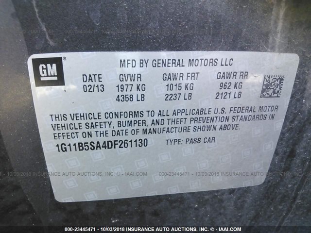 1G11B5SA4DF261130 - 2013 CHEVROLET MALIBU LS შავი ფოტო 9