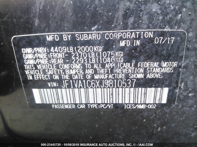 JF1VA1C6XJ9810537 - 2018 SUBARU WRX PREMIUM GRAY photo 9