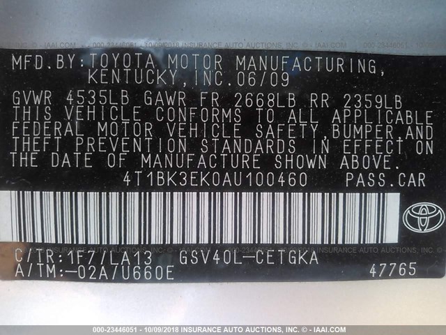 4T1BK3EK0AU100460 - 2010 TOYOTA CAMRY SE/LE/XLE 银色 照片 9